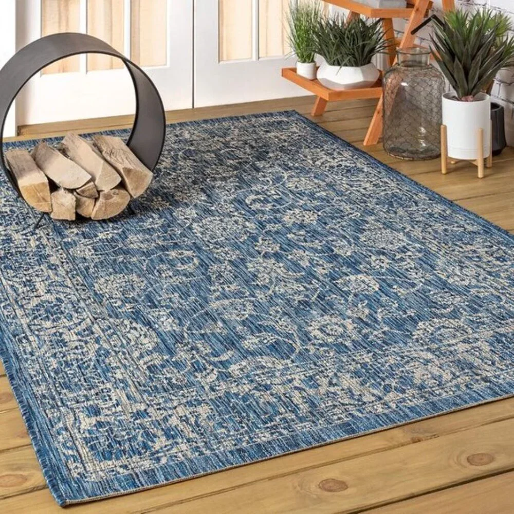 New 8x10 Boho Navy Gray Rug Indoor Outdoor Non-Slip Area Carpet for Home & Patio